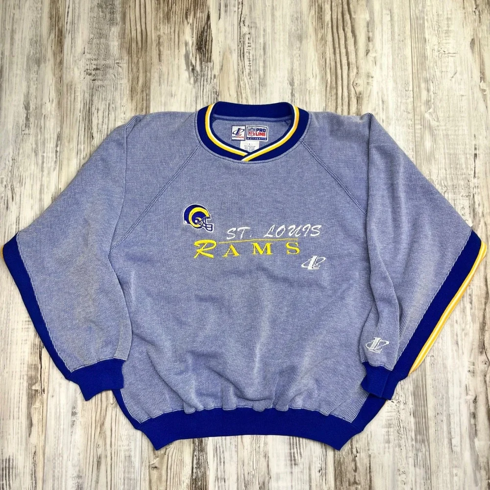 90s Vintage Logo Athletic NFL Pro Line St‎ Louis Rams Striped Sweatshirt Mens L